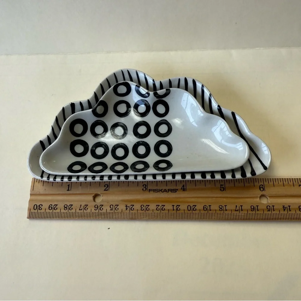 2 West Elm Cloud Ceramic Trinket Dishes in Black & White Geometric Designs.